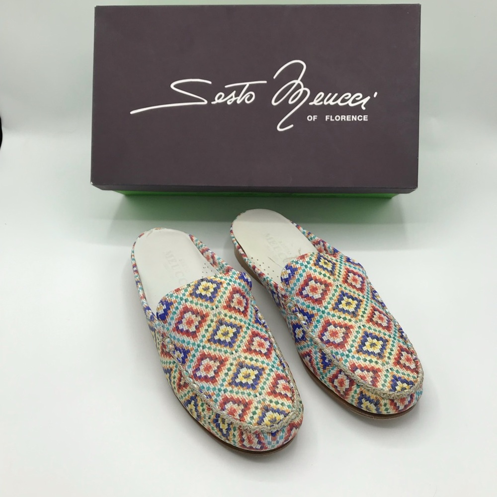 Sesto Meucci Red and Blue Mules with Geometric Design